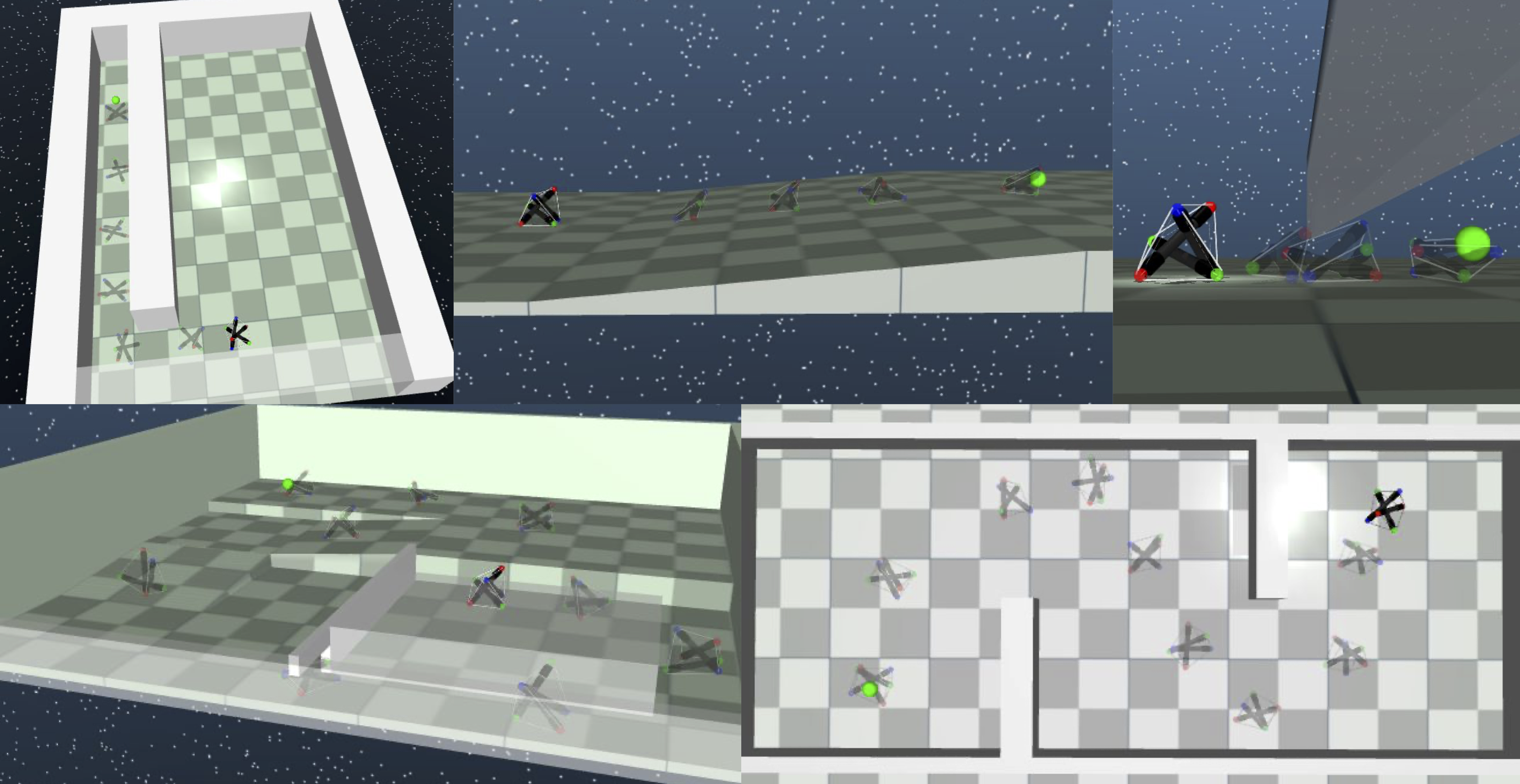 Five navigation tasks used to evaluate the MPPI controller including a 3D obstacle course and flat S-shaped course